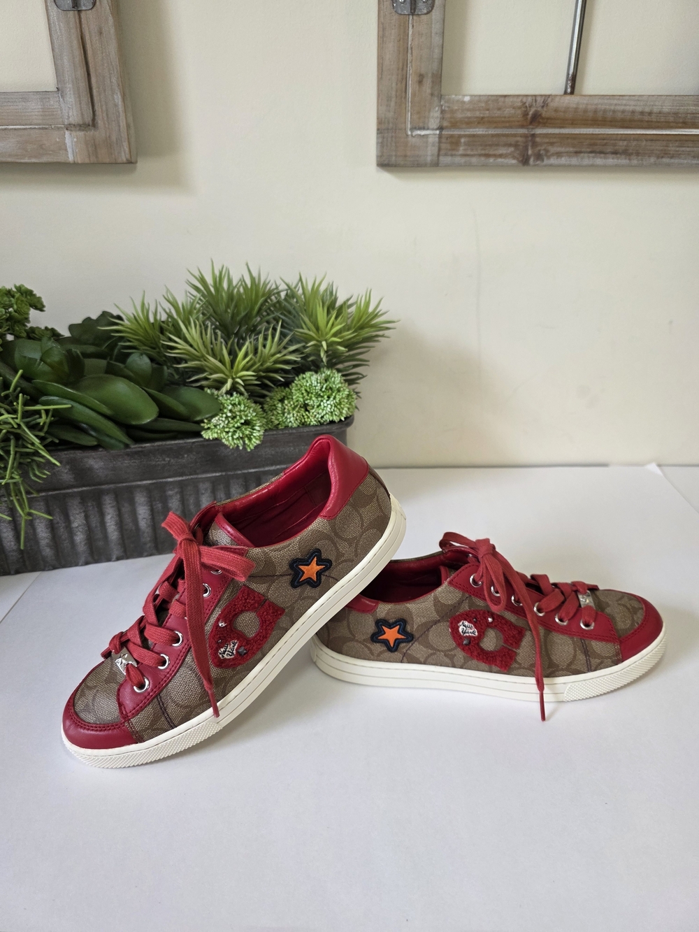 Coach Porter Signature Sneakers Khaki Red Womens Size 8.5M